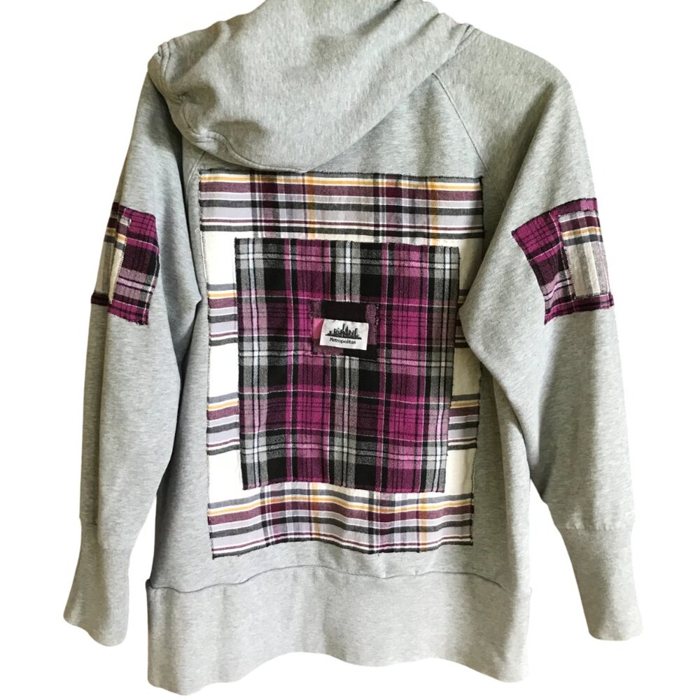 Upcycled Patchwork Hoodie Gray & Pink Plaid Raw Seam Grunge Revival Size Large